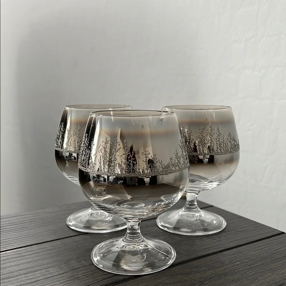 Vintage MCM 1950's Platinum Ombre Fade Snifter Glasses Raised Design (Set of 3)